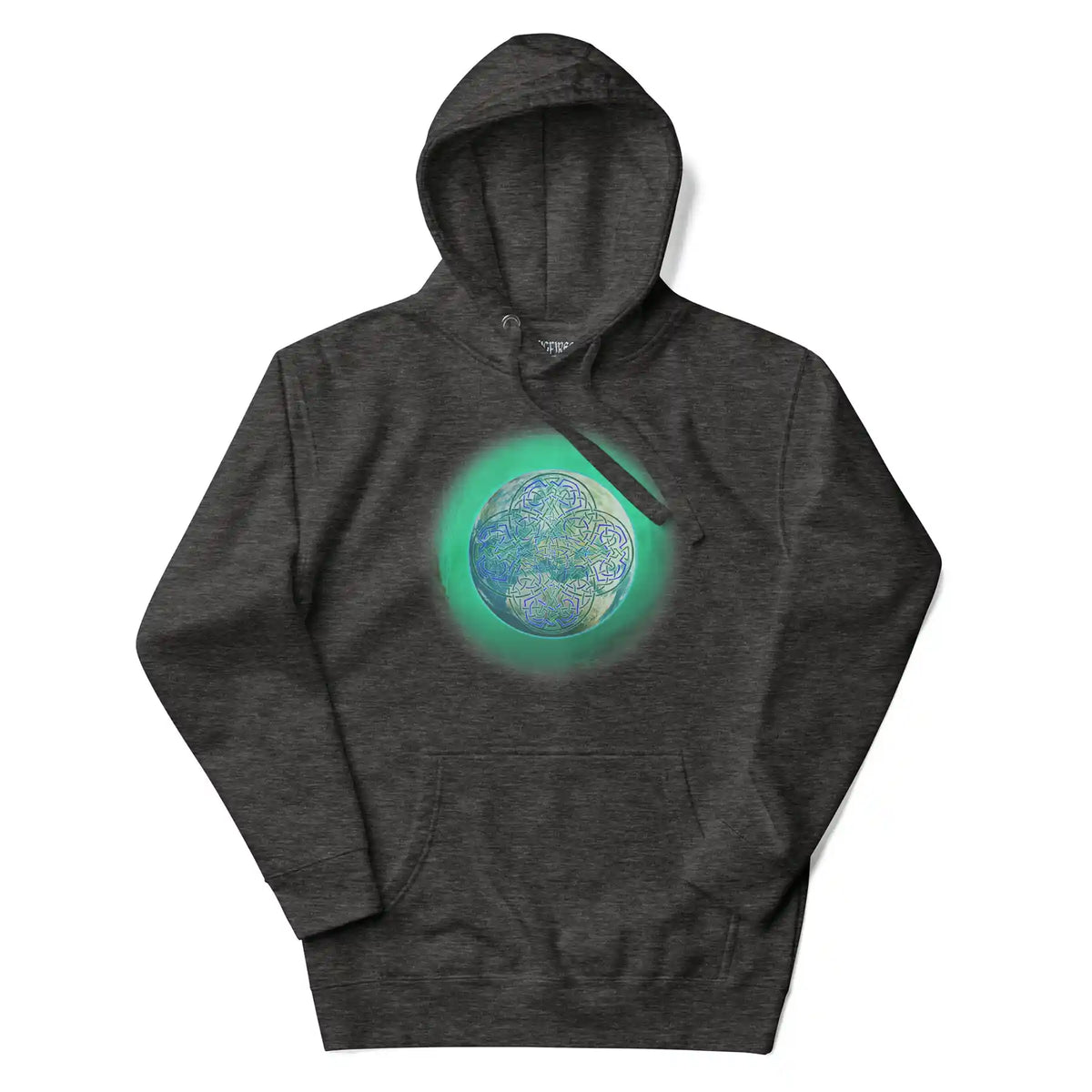 A charcoal heather grey Xigfireon graphic hoodie featuring the Deep Forest iteration of the Reach Of The Spirit Celtic knot design.