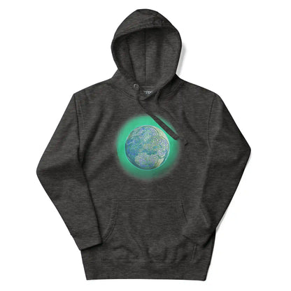 A charcoal heather grey Xigfireon graphic hoodie featuring the Deep Forest iteration of the Reach Of The Spirit Celtic knot design.