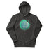 A charcoal heather grey Xigfireon graphic hoodie featuring the Deep Forest iteration of the Reach Of The Spirit Celtic knot design.