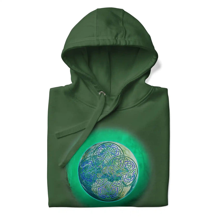 A folded forest green Xigfireon graphic hoodie featuring the Deep Forest iteration of the `Reach Of The Spirit` Celtic knot design.