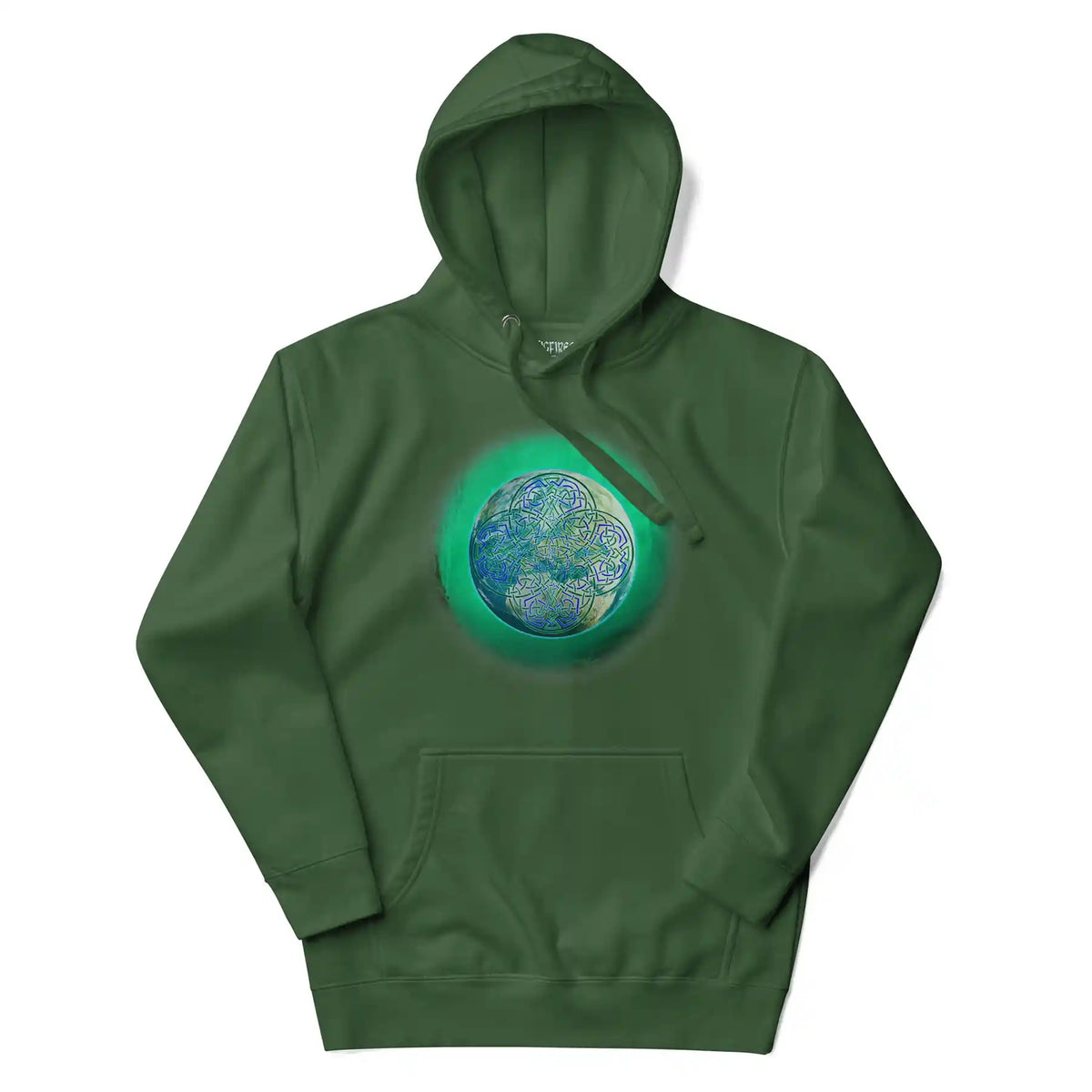 A forest green Xigfireon graphic hoodie featuring the Deep Forest iteration of the Reach Of The Spirit Celtic knot design.