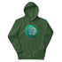 A forest green Xigfireon graphic hoodie featuring the Deep Forest iteration of the Reach Of The Spirit Celtic knot design.