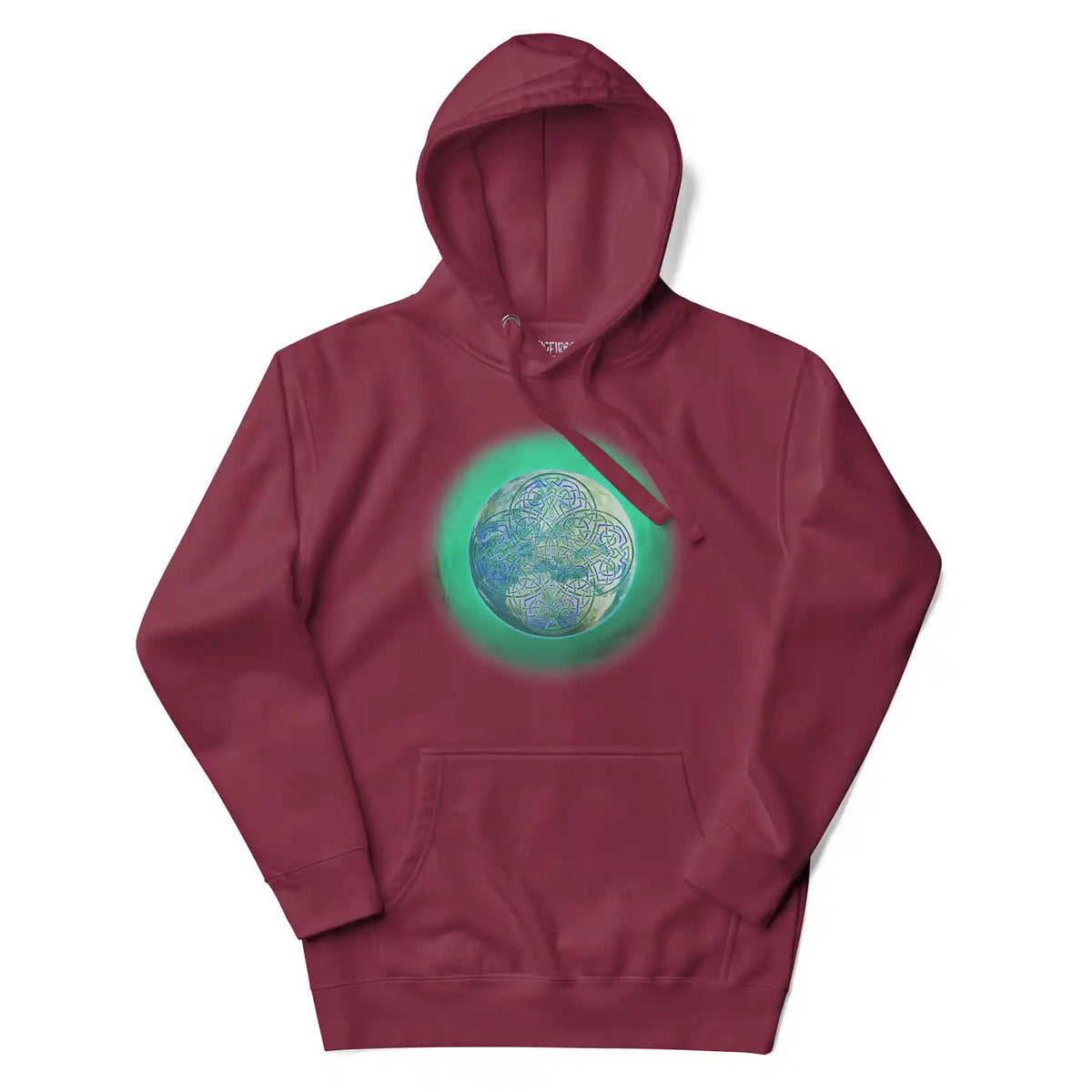 A maroon Xigfireon graphic hoodie featuring the Deep Forest iteration of the Reach Of The Spirit Celtic knot design.