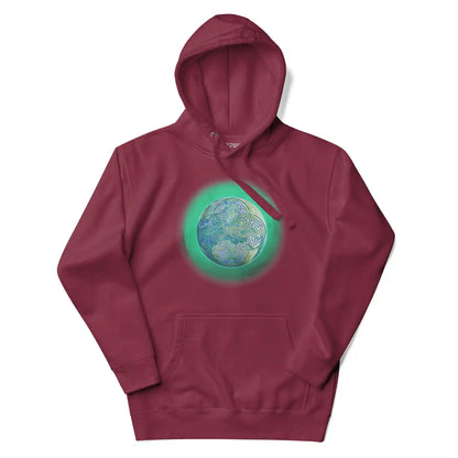 A maroon Xigfireon graphic hoodie featuring the Deep Forest iteration of the Reach Of The Spirit Celtic knot design.