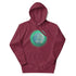 A maroon Xigfireon graphic hoodie featuring the Deep Forest iteration of the Reach Of The Spirit Celtic knot design.
