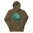 A military green Xigfireon graphic hoodie featuring the Deep Forest iteration of the Reach Of The Spirit Celtic knot design.