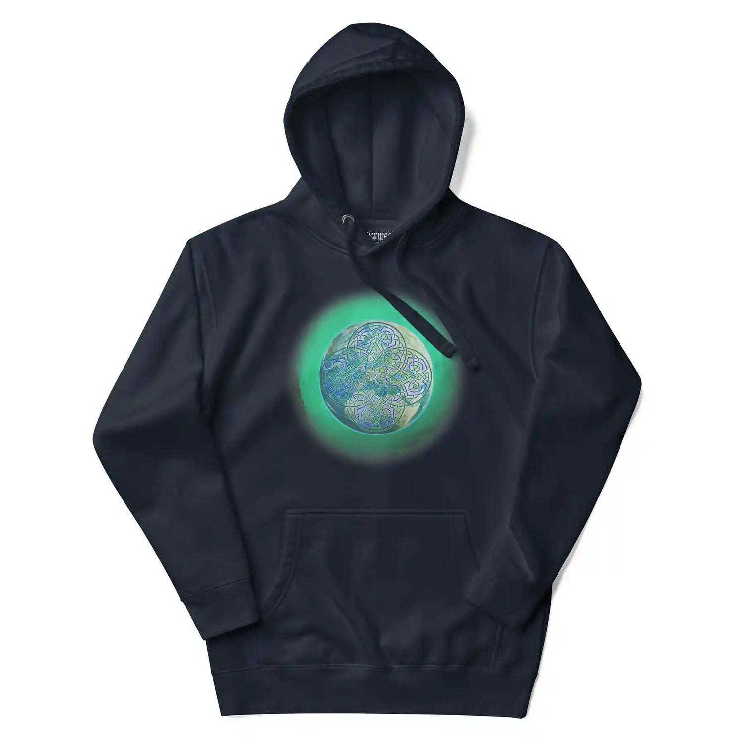 A navy blazer blue Xigfireon graphic hoodie featuring the Deep Forest iteration of the `Reach Of The Spirit` Celtic knot design.