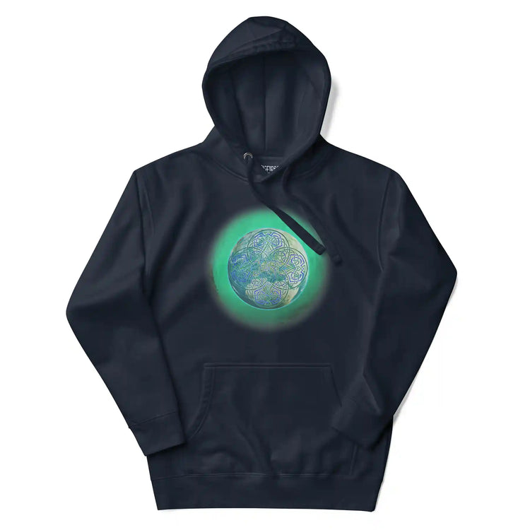 A navy blazer blue Xigfireon graphic hoodie featuring the Deep Forest iteration of the `Reach Of The Spirit` Celtic knot design.