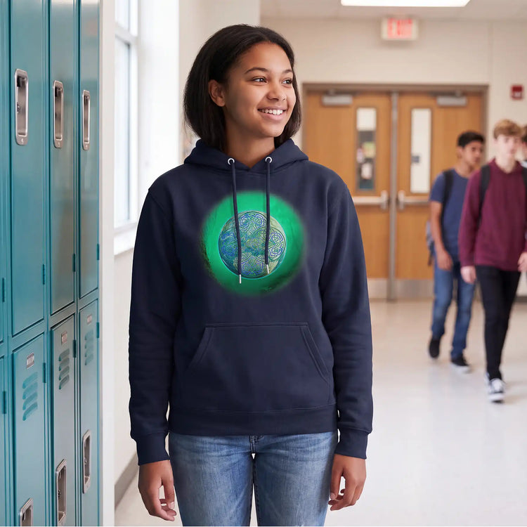 A smiling teenage girl stands in a school hallway wearing a navy hoodie with a Reach Of The Spirit Celtic knot on the chest, paired with blue jeans. Lockers are visible on the left, and two other students are walking in the background.