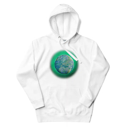 A white Xigfireon graphic hoodie featuring the Deep Forest iteration of the Reach Of The Spirit Celtic knot design.