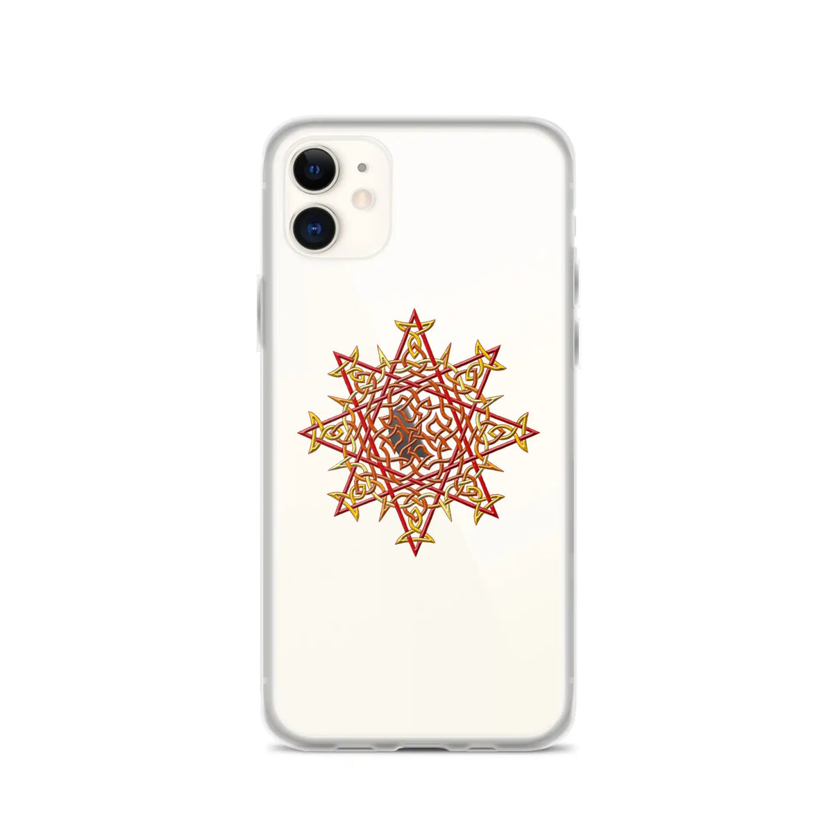 An iPhone 11 in a Xigfireon clear phone case featuring the Fire Colour iteration of the Morning Star Fire Celtic knot design. The Morning Star Fire Celtic knot design represents Father Sun.