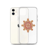 An iPhone 11 behind a Xigfireon clear phone case featuring the Fire Colour iteration of the Morning Star Fire Celtic knot design. The Morning Star Fire Celtic knot design represents Father Sun.