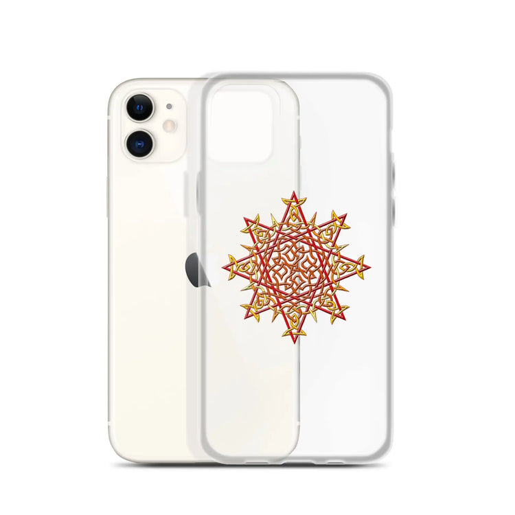 An iPhone 11 behind a Xigfireon clear phone case featuring the Fire Colour iteration of the Morning Star Fire Celtic knot design. The Morning Star Fire Celtic knot design represents Father Sun.