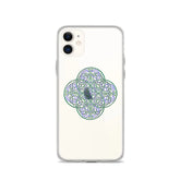An iPhone 11 in a Xigfireon clear phone case featuring the Living Colour iteration of the Reach Of The Spirit Celtic knot design. The Reach Of The Spirit Celtic knot design represents Mother Earth.