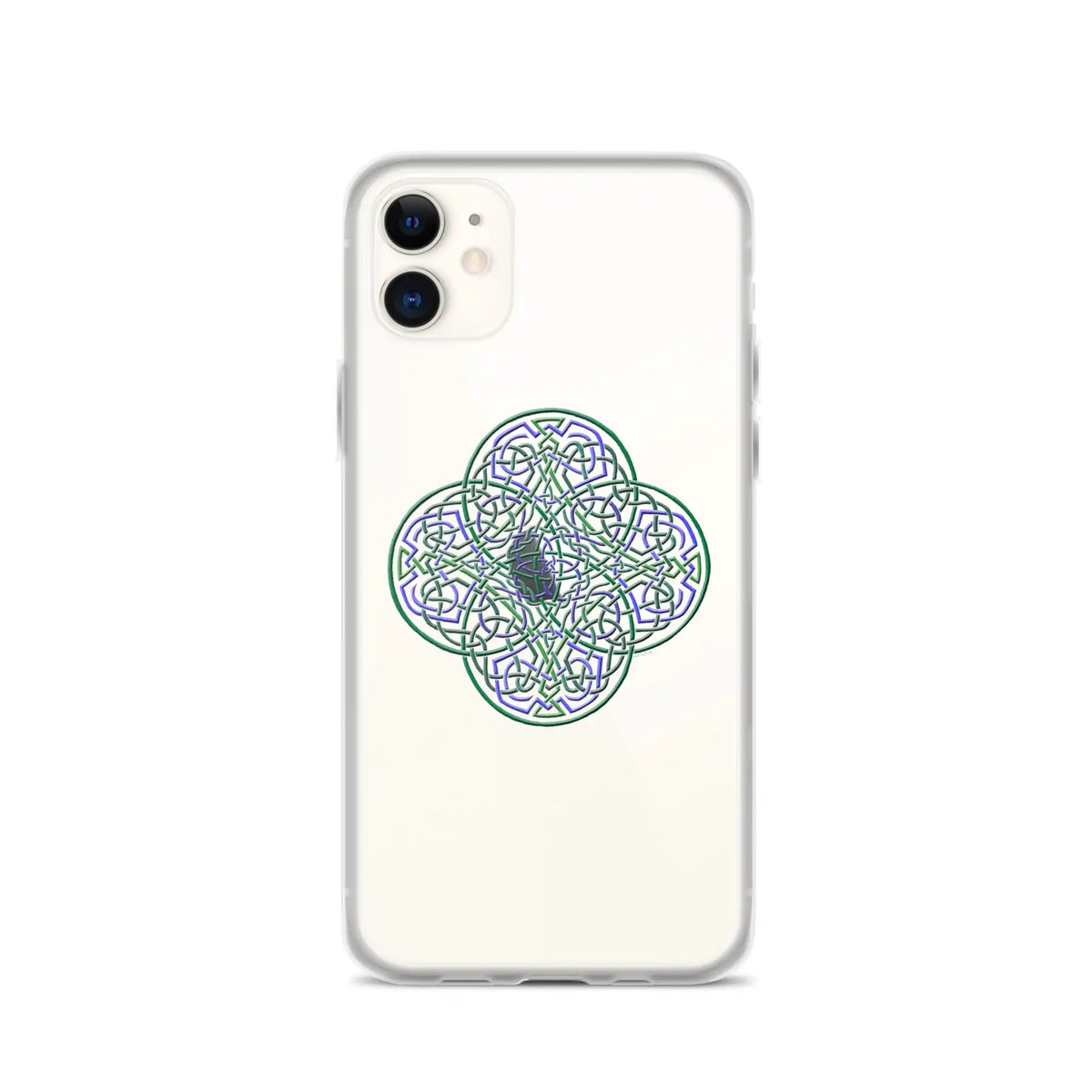 An iPhone 11 in a Xigfireon clear phone case featuring the Living Colour iteration of the Reach Of The Spirit Celtic knot design. The Reach Of The Spirit Celtic knot design represents Mother Earth.