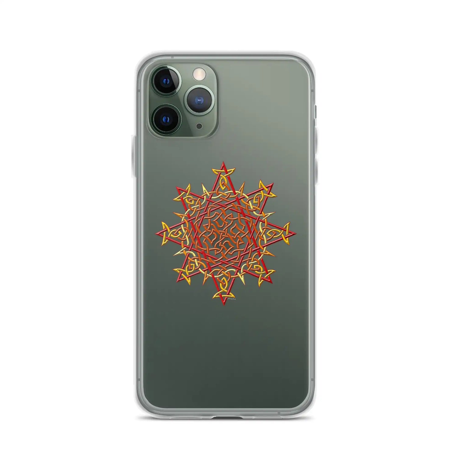 An iPhone 11 Pro in a Xigfireon clear phone case featuring the Fire Colour iteration of the Morning Star Fire Celtic knot design. The Morning Star Fire Celtic knot design represents Father Sun.