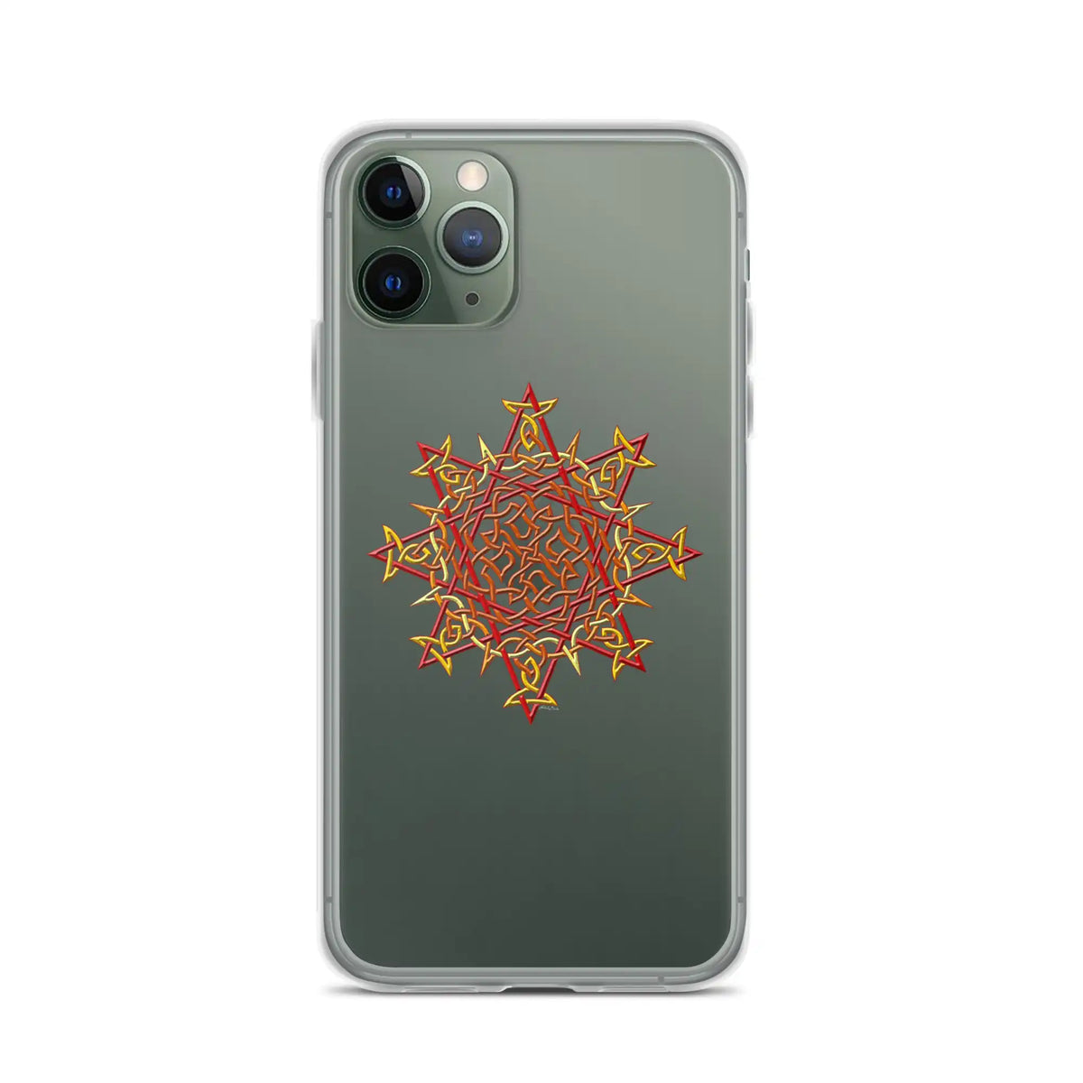 An iPhone 11 Pro in a Xigfireon clear phone case featuring the Fire Colour iteration of the Morning Star Fire Celtic knot design. The Morning Star Fire Celtic knot design represents Father Sun.