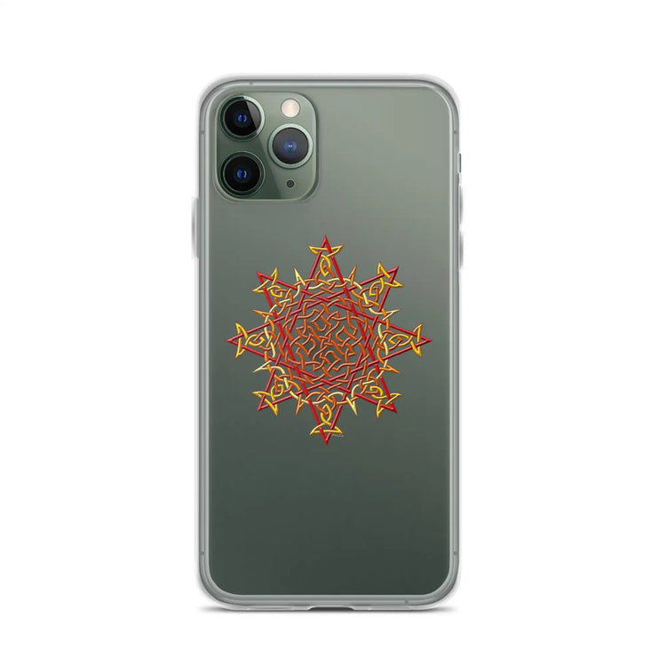 An iPhone 11 Pro in a Xigfireon clear phone case featuring the Fire Colour iteration of the Morning Star Fire Celtic knot design. The Morning Star Fire Celtic knot design represents Father Sun.