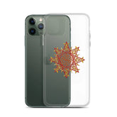 An iPhone 11 Pro behind a Xigfireon clear phone case featuring the Fire Colour iteration of the Morning Star Fire Celtic knot design. The Morning Star Fire Celtic knot design represents Father Sun.