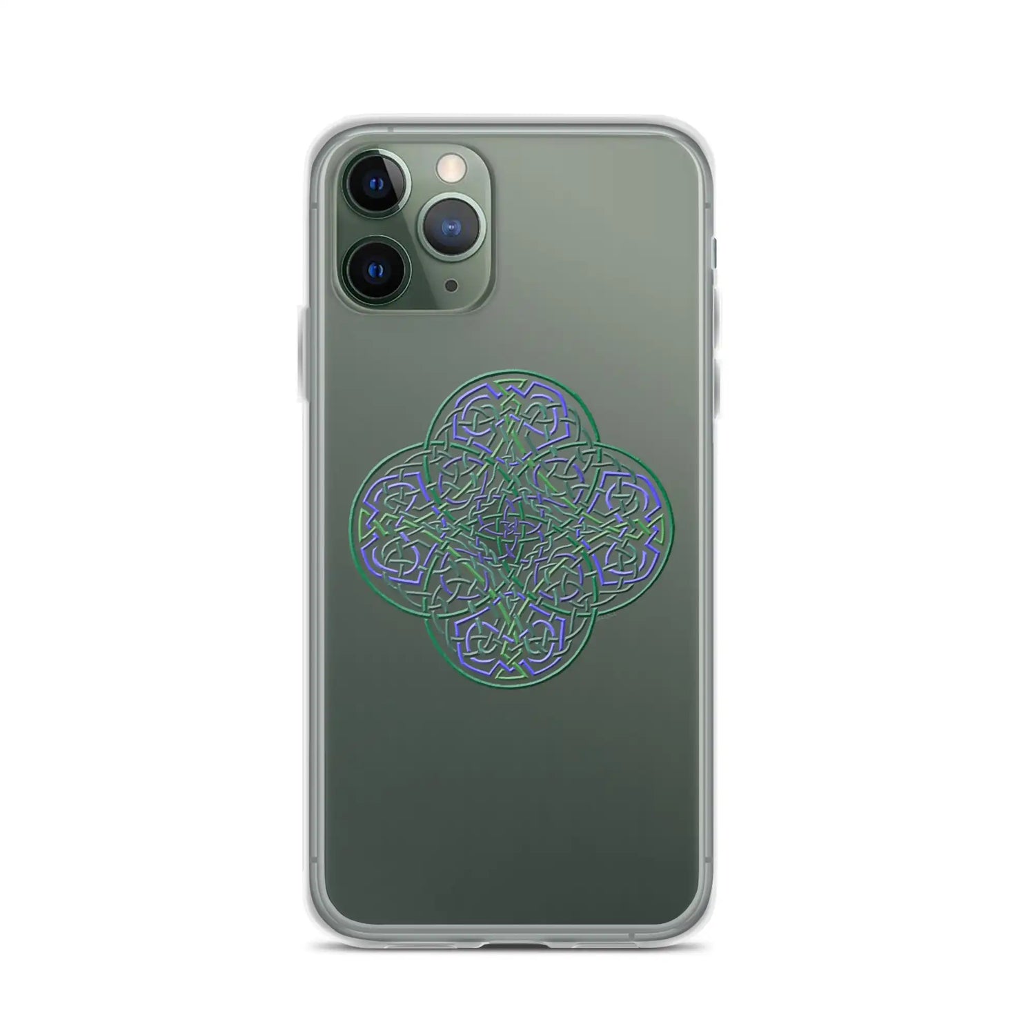 An iPhone 11 Pro in a Xigfireon clear phone case featuring the Living Colour iteration of the Reach Of The Spirit Celtic knot design. The Reach Of The Spirit Celtic knot design represents Mother Earth.