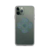 An iPhone 11 Pro in a Xigfireon clear phone case featuring the Living Colour iteration of the Reach Of The Spirit Celtic knot design. The Reach Of The Spirit Celtic knot design represents Mother Earth.