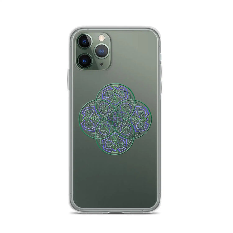 An iPhone 11 Pro in a Xigfireon clear phone case featuring the Living Colour iteration of the Reach Of The Spirit Celtic knot design. The Reach Of The Spirit Celtic knot design represents Mother Earth.