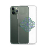 An iPhone 11 Pro behind a Xigfireon clear phone case featuring the Living Colour iteration of the Reach Of The Spirit Celtic knot design. The Reach Of The Spirit Celtic knot design represents Mother Earth.