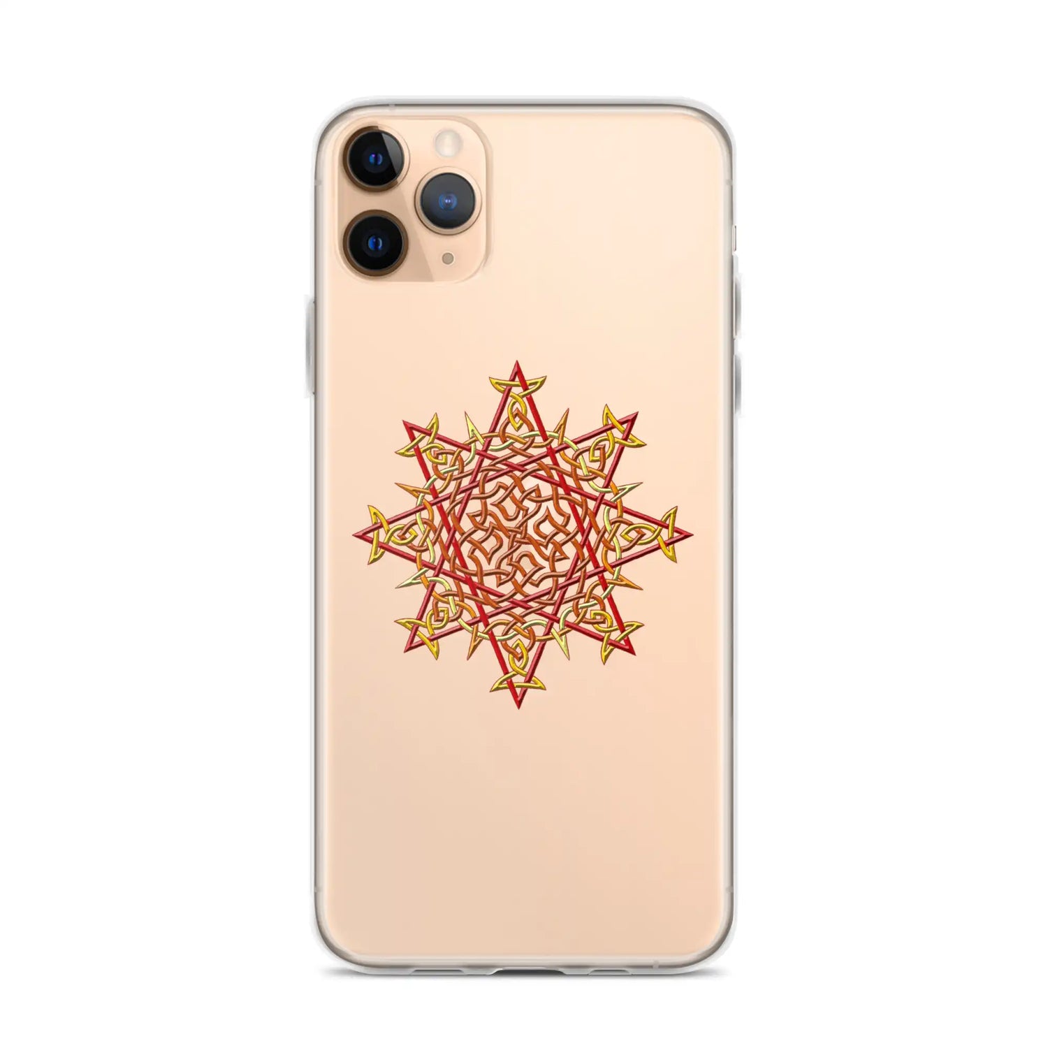 An iPhone 11 Pro Max in a Xigfireon clear phone case featuring the Fire Colour iteration of the Morning Star Fire Celtic knot design. The Morning Star Fire Celtic knot design represents Father Sun.