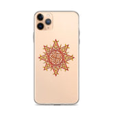 An iPhone 11 Pro Max in a Xigfireon clear phone case featuring the Fire Colour iteration of the Morning Star Fire Celtic knot design. The Morning Star Fire Celtic knot design represents Father Sun.