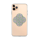 An iPhone 11 Pro Max in a Xigfireon clear phone case featuring the Living Colour iteration of the Reach Of The Spirit Celtic knot design. The Reach Of The Spirit Celtic knot design represents Mother Earth.