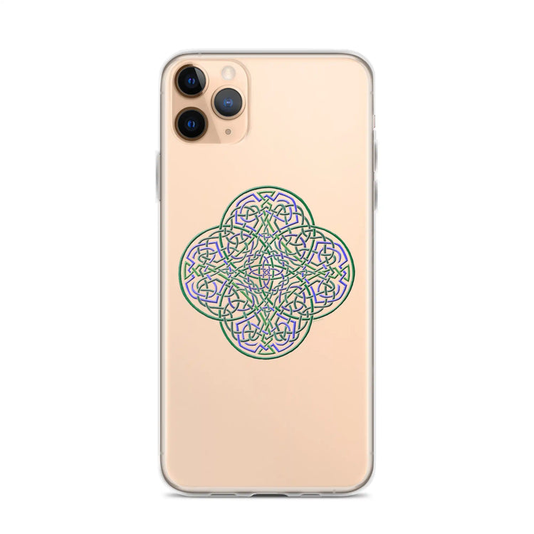 An iPhone 11 Pro Max in a Xigfireon clear phone case featuring the Living Colour iteration of the Reach Of The Spirit Celtic knot design. The Reach Of The Spirit Celtic knot design represents Mother Earth.