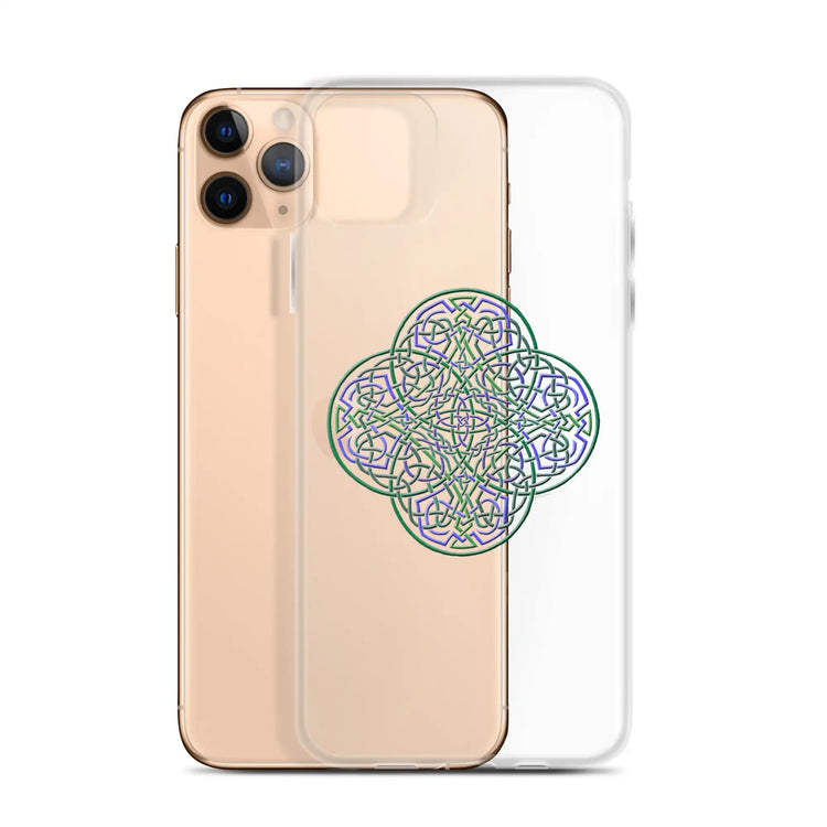 An iPhone 11 Pro Max behind a Xigfireon clear phone case featuring the Living Colour iteration of the Reach Of The Spirit Celtic knot design. The Reach Of The Spirit Celtic knot design represents Mother Earth.