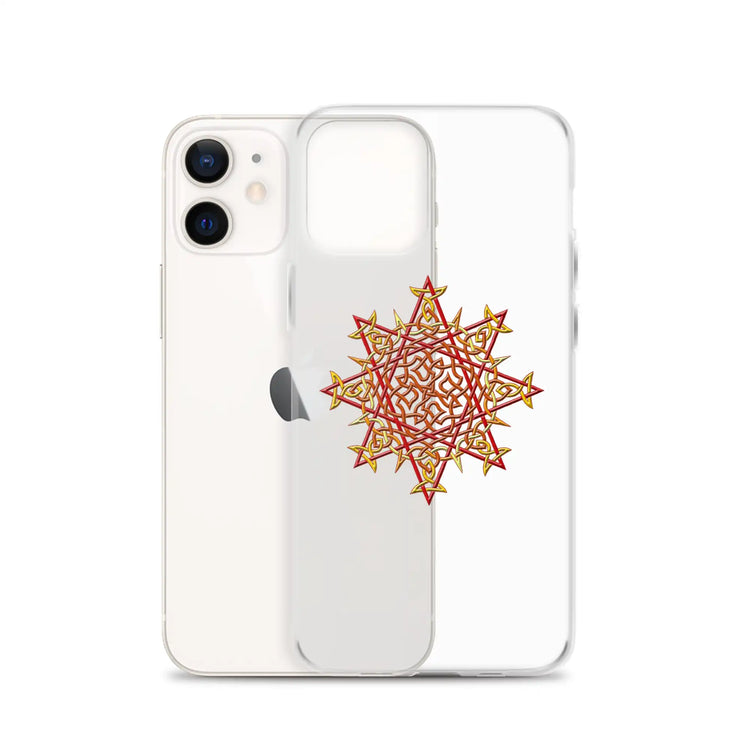 An iPhone 12 behind a Xigfireon clear phone case featuring the Fire Colour iteration of the Morning Star Fire Celtic knot design. The Morning Star Fire Celtic knot design represents Father Sun.