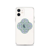 An iPhone 12 in a Xigfireon clear phone case featuring the Living Colour iteration of the Reach Of The Spirit Celtic knot design. The Reach Of The Spirit Celtic knot design represents Mother Earth.