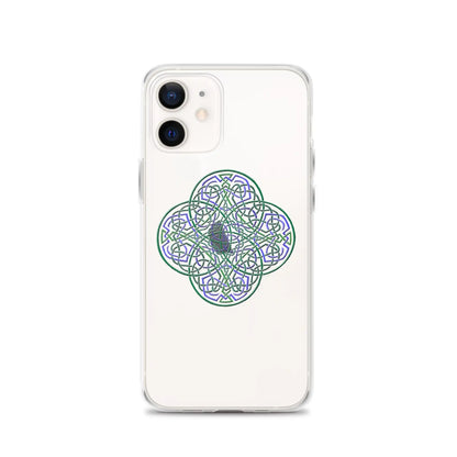 An iPhone 12 in a Xigfireon clear phone case featuring the Living Colour iteration of the Reach Of The Spirit Celtic knot design. The Reach Of The Spirit Celtic knot design represents Mother Earth.