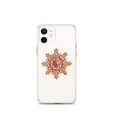 An iPhone 12 Mini in a Xigfireon clear phone case featuring the Fire Colour iteration of the Morning Star Fire Celtic knot design. The Morning Star Fire Celtic knot design represents Father Sun.