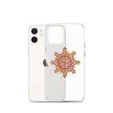 An iPhone 12 Mini behind a Xigfireon clear phone case featuring the Fire Colour iteration of the Morning Star Fire Celtic knot design. The Morning Star Fire Celtic knot design represents Father Sun.