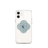 An iPhone 12 Mini in a Xigfireon clear phone case featuring the Living Colour iteration of the Reach Of The Spirit Celtic knot design. The Reach Of The Spirit Celtic knot design represents Mother Earth.