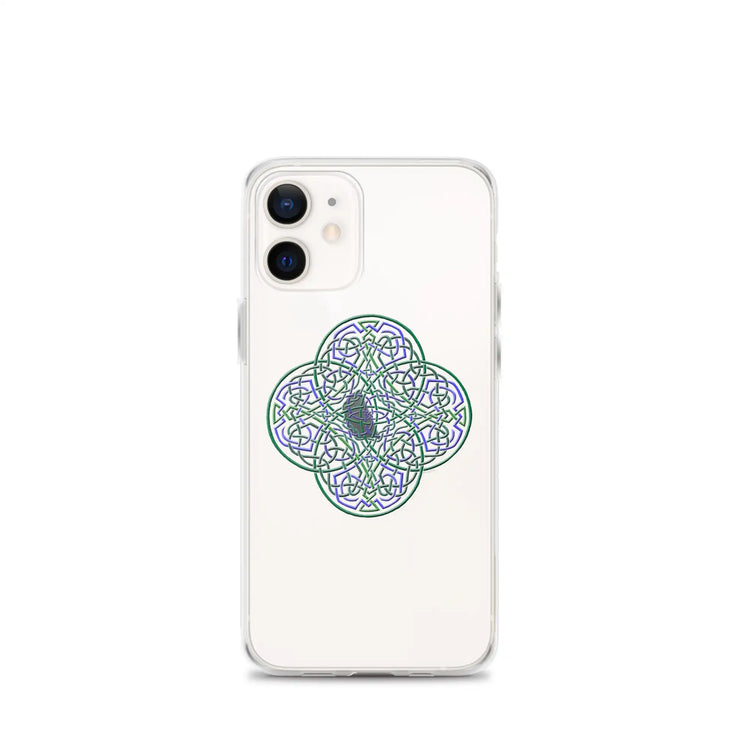 An iPhone 12 Mini in a Xigfireon clear phone case featuring the Living Colour iteration of the Reach Of The Spirit Celtic knot design. The Reach Of The Spirit Celtic knot design represents Mother Earth.