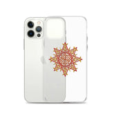An iPhone 12 Pro behind a Xigfireon clear phone case featuring the Fire Colour iteration of the Morning Star Fire Celtic knot design. The Morning Star Fire Celtic knot design represents Father Sun.