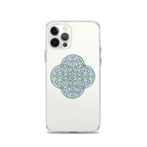 An iPhone 12 Pro in a Xigfireon clear phone case featuring the Living Colour iteration of the Reach Of The Spirit Celtic knot design. The Reach Of The Spirit Celtic knot design represents Mother Earth.