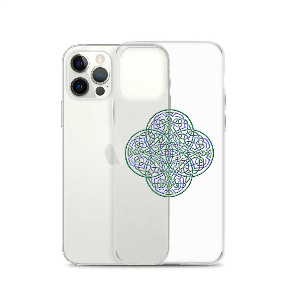 An iPhone 12 Pro behind a Xigfireon clear phone case featuring the Living Colour iteration of the Reach Of The Spirit Celtic knot design. The Reach Of The Spirit Celtic knot design represents Mother Earth.