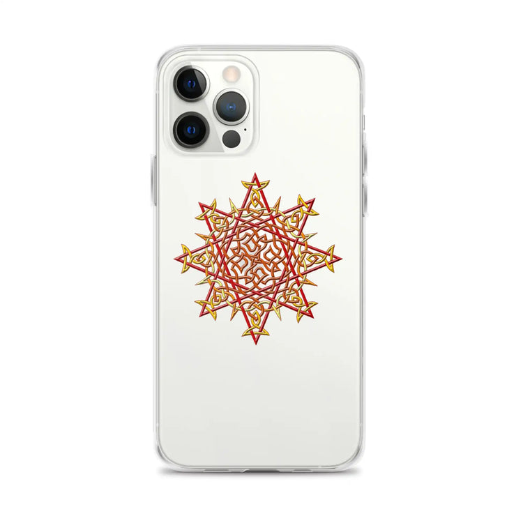 An iPhone 12 Pro Max in a Xigfireon clear phone case featuring the Fire Colour iteration of the Morning Star Fire Celtic knot design. The Morning Star Fire Celtic knot design represents Father Sun.