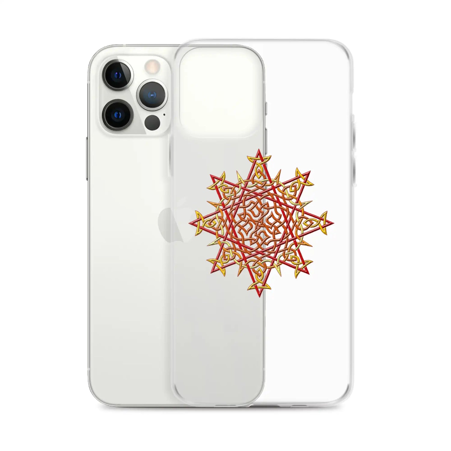 An iPhone 12 Pro Max behind a Xigfireon clear phone case featuring the Fire Colour iteration of the Morning Star Fire Celtic knot design. The Morning Star Fire Celtic knot design represents Father Sun.