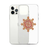 An iPhone 12 Pro Max behind a Xigfireon clear phone case featuring the Fire Colour iteration of the Morning Star Fire Celtic knot design. The Morning Star Fire Celtic knot design represents Father Sun.