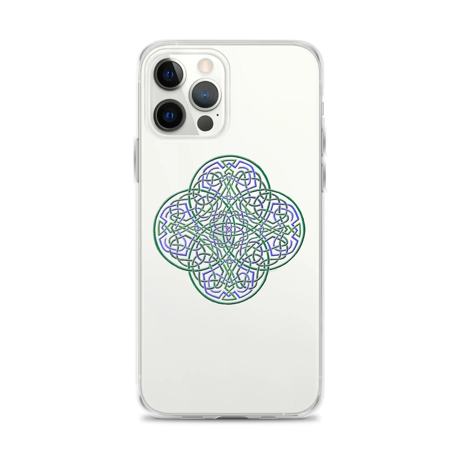 An iPhone 12 Pro Max in a Xigfireon clear phone case featuring the Living Colour iteration of the Reach Of The Spirit Celtic knot design. The Reach Of The Spirit Celtic knot design represents Mother Earth.