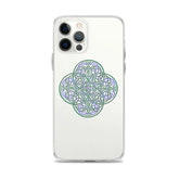 An iPhone 12 Pro Max in a Xigfireon clear phone case featuring the Living Colour iteration of the Reach Of The Spirit Celtic knot design. The Reach Of The Spirit Celtic knot design represents Mother Earth.