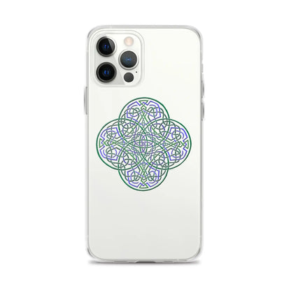 An iPhone 12 Pro Max in a Xigfireon clear phone case featuring the Living Colour iteration of the Reach Of The Spirit Celtic knot design. The Reach Of The Spirit Celtic knot design represents Mother Earth.