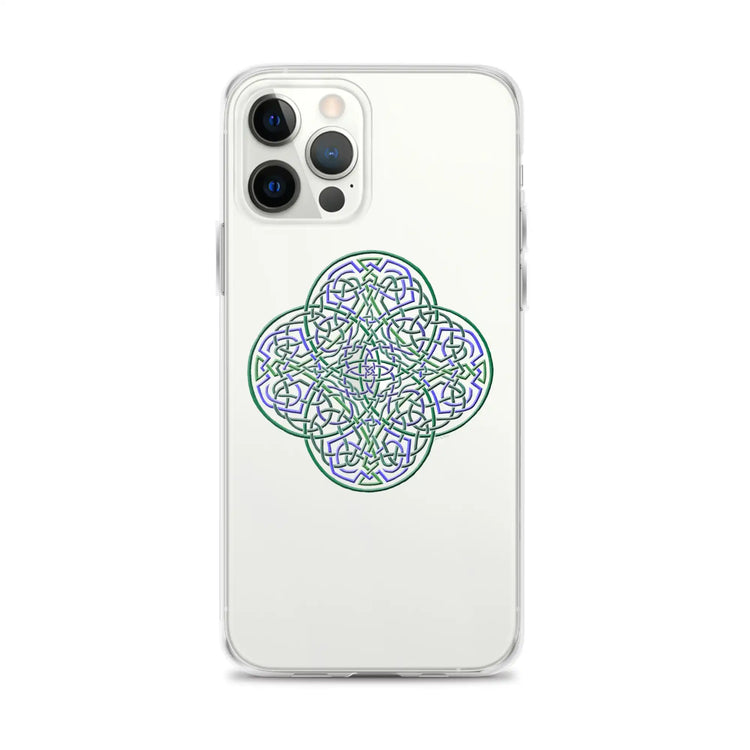 An iPhone 12 Pro Max in a Xigfireon clear phone case featuring the Living Colour iteration of the Reach Of The Spirit Celtic knot design. The Reach Of The Spirit Celtic knot design represents Mother Earth.