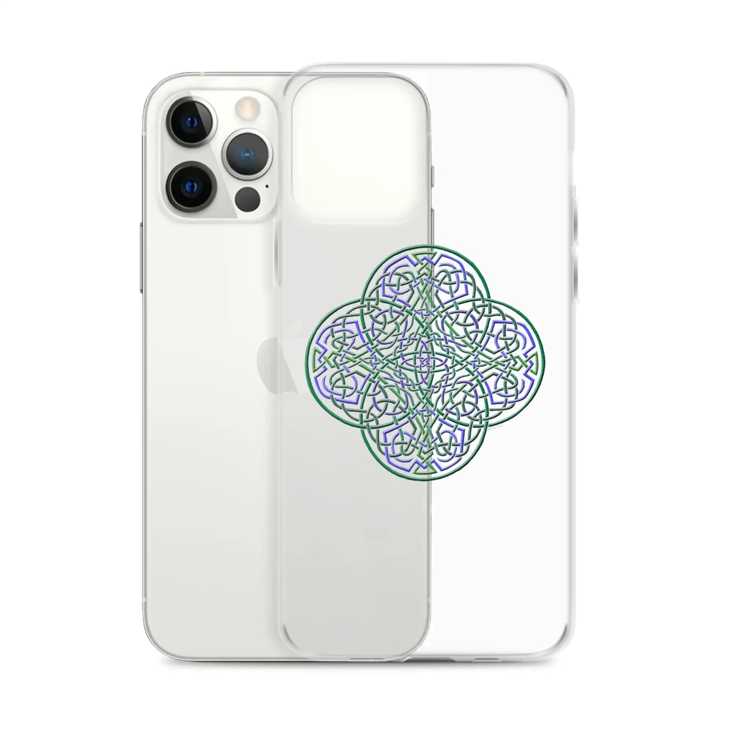 An iPhone 12 Pro Max behind a Xigfireon clear phone case featuring the Living Colour iteration of the Reach Of The Spirit Celtic knot design. The Reach Of The Spirit Celtic knot design represents Mother Earth.
